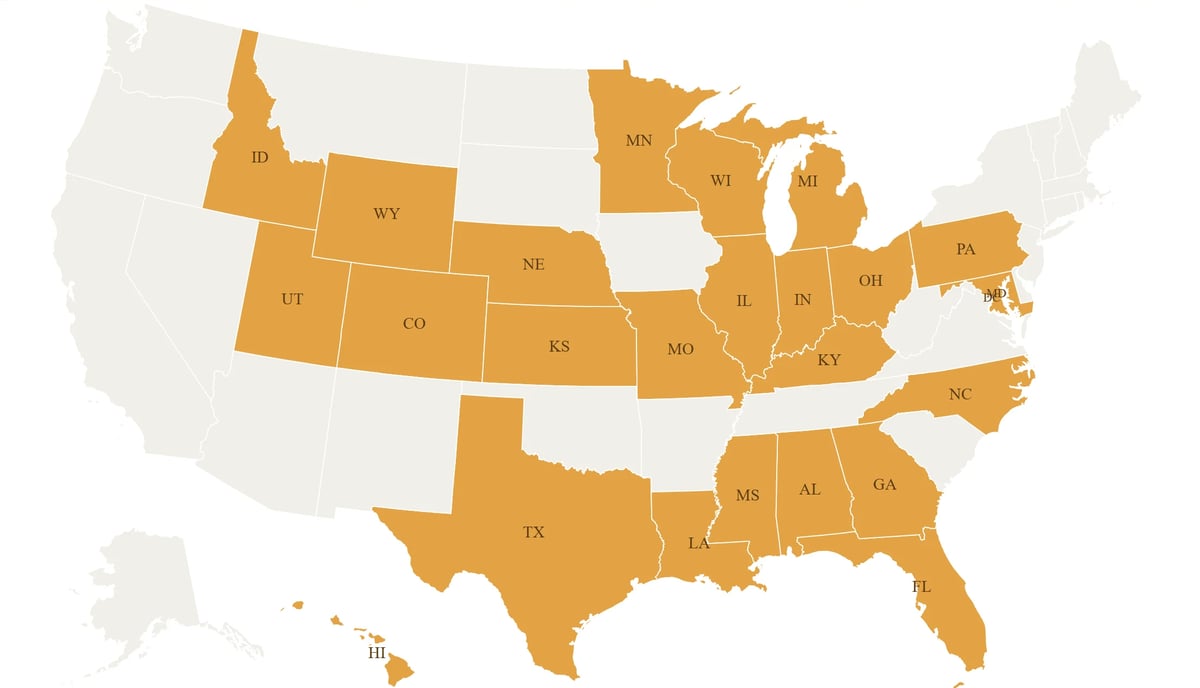 US map showing selected states highlighted in orange and labeled with state abbreviations